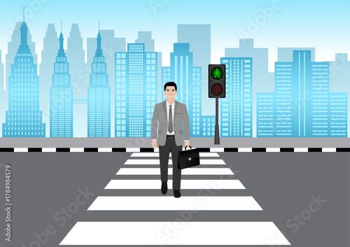 Businessman Walking across Crosswalk in the City. Crosswalk. Pedestrian Crossing Road. Zebra Crossing. Vector Illustration. 
