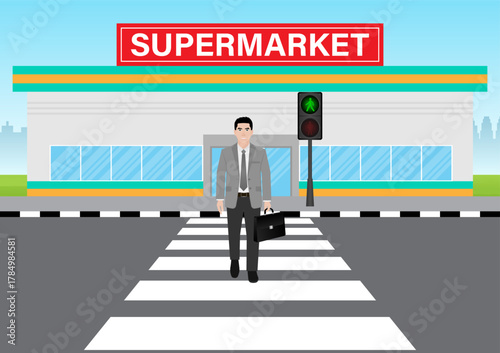 Businessman Walking across Crosswalk in the City. Crosswalk. Pedestrian Crossing Road. Zebra Crossing. Vector Illustration. 