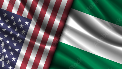 Vector wavy national flags of United States of America and Federal Republic of Nigeria. Relations between countries. American and Nigerian. Political and economic banner