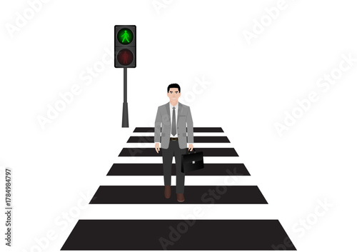 Businessman Walking across Crosswalk in the City. Crosswalk. Pedestrian Crossing Road. Zebra Crossing. Vector Illustration. 