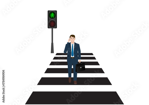 Businessman Walking across Crosswalk in the City. Crosswalk. Pedestrian Crossing Road. Zebra Crossing. Vector Illustration. 