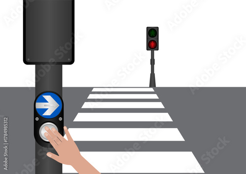 Hand Pressing Crosswalk Button. Pedestrian Traffic Button. Vector Illustration.