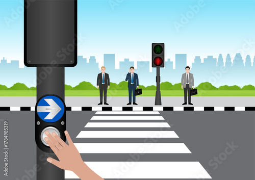 Hand Pressing Crosswalk Button. Pedestrian Traffic Button. Vector Illustration.