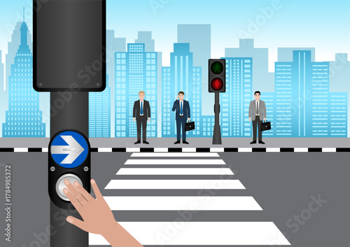 Hand Pressing Crosswalk Button. Pedestrian Traffic Button. Vector Illustration.