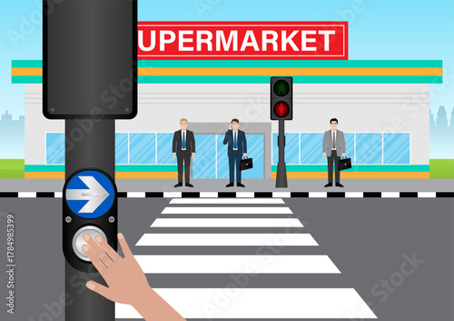 Hand Pressing Crosswalk Button. Pedestrian Traffic Button. Vector Illustration.