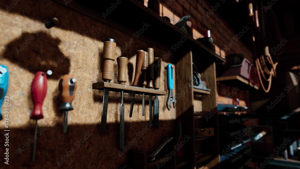 Naklejka premium This workshop features an array of handcrafted woodworking tools displayed neatly on a textured wooden wall. Sunlight streams in, casting shadows that enhance the warm atmosphere of creativity.