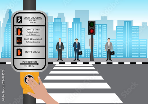 Hand Pressing Crosswalk Button. Pedestrian Traffic Button. Vector Illustration.