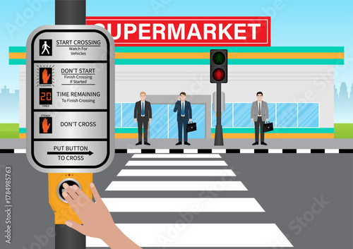 Hand Pressing Crosswalk Button. Pedestrian Traffic Button. Vector Illustration.
