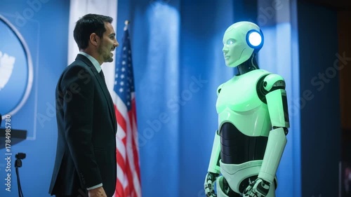 Human Politician Shaking Hands with Humanoid AI Advisor During Press Conference
