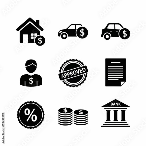 Flat Silhouette Finance and Loan Icon Set with Dollar Sign Elements