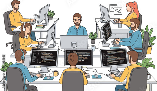 Team of developers working together in an open office space