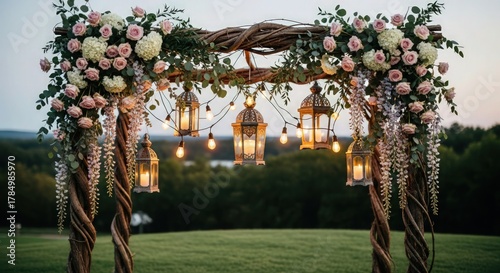 floral arch, elegant wedding ceremony, lush greenery, candles, romantic lighting, outdoor venue, nature backdrop

