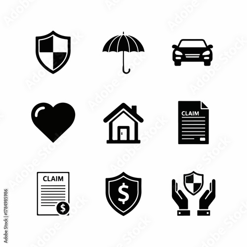 Simple Flat Design Insurance Protection Element Black and White Icon Set