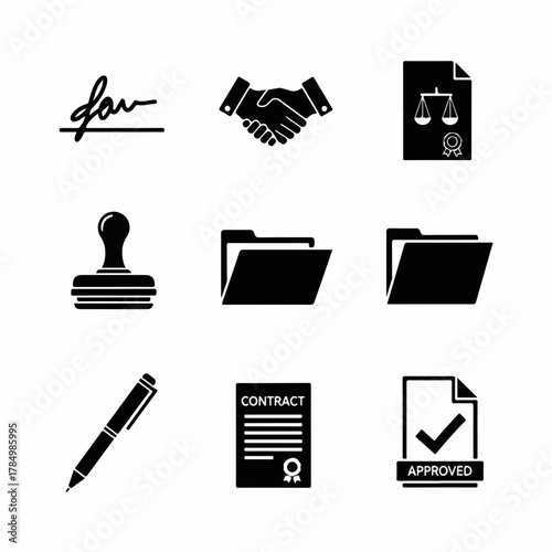 Minimalist Silhouette Business Legal Agreement Paperwork Document Office Icon Set