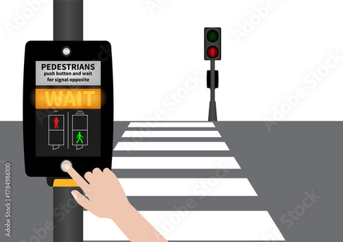 Hand Pressing Crosswalk Button. Pedestrian Traffic Button. Vector Illustration.