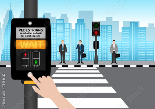 Hand Pressing Crosswalk Button. Pedestrian Traffic Button. Vector Illustration.