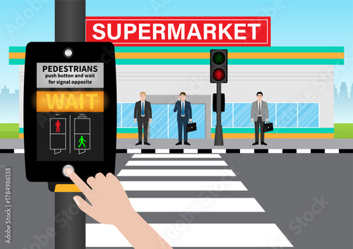 Hand Pressing Crosswalk Button. Pedestrian Traffic Button. Vector Illustration.