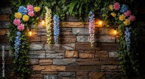 stunning floral arch, vibrant bouquets, lush greenery, rustic stone wall, warm string lights, enchanting ambiance, fairytale-like setting, captivating natural backdrop, breathtaking garden decor