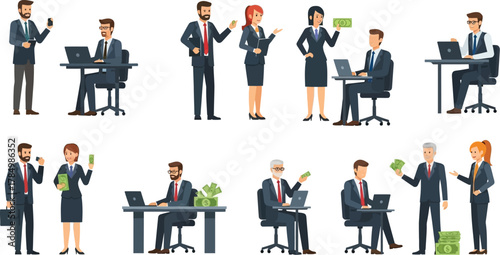 Business people in suits with money and laptops