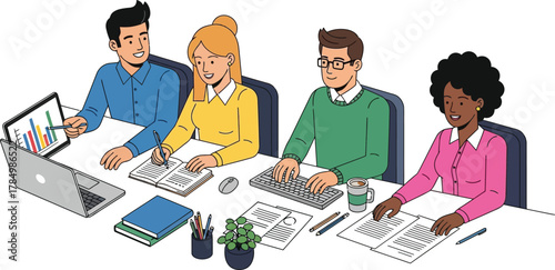 Diverse group of people collaborating at a table with laptop and documents