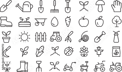 Gardening and farming line icons set, agriculture tools and plants Vector