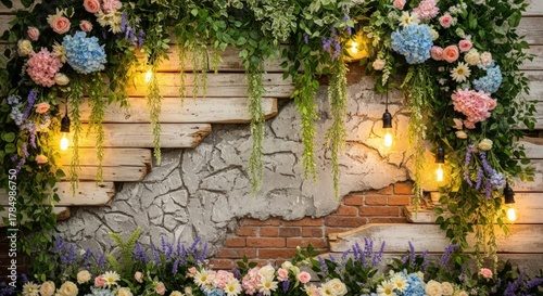 rustic brick wall, overgrown with vines and flowers, warm lighting, detailed floral arrangement, lush greenery, magical atmosphere, dreamlike, cinematic, intricate textures, award-winning photography
