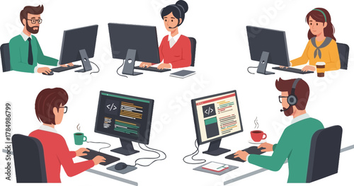 Team of programmers working on computers in an office setting