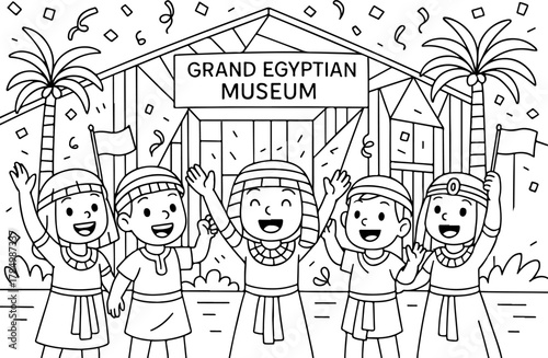 hand drawn vector illustration of Grand Egyptian Museum coloring page for kids