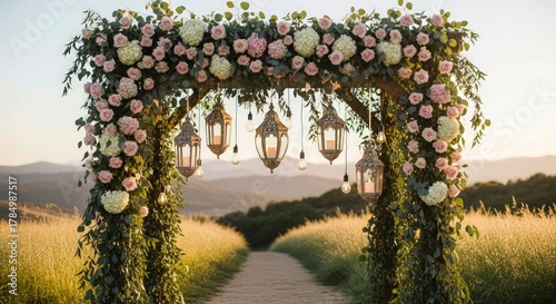 a wedding arch made of flowers, ornate floral arch, hanging candles, stone path, rolling hills, scenic outdoor landscape, golden hour lighting, mystical, ethereal, dreamy, highly detailed, intricate