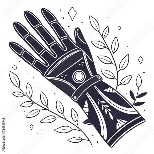 Mystical cyborg hand adorned with nature elements and geometric shapes