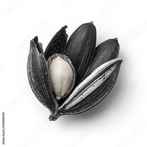 Wallpaper Mural Single sunflower seed cracked open to show the inner kernel textured black and white shell macro isolated on a plain white background Torontodigital.ca