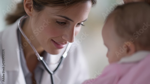 pediatrician examining baby with stethoscope, hospital setting, gentle care, mother watching lovingly