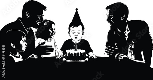 Flat vector first birthday celebration silhouette, baby blowing candle, family gathering, party hats, joyful moment, cake number one, festive scene