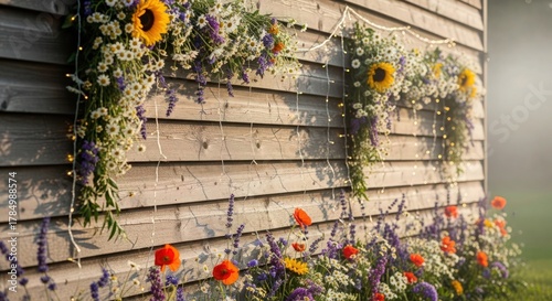 weathered wooden boards, sunflowers, wildflowers, ivy, textured wall, rustic, autumn, natural, garden, overgrown
