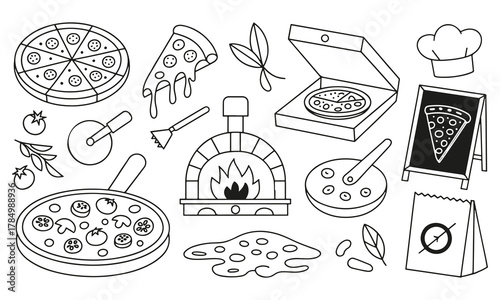 Collection of pizzarelated icons including slices oven ingredients and delivery items isolated on a transparent background