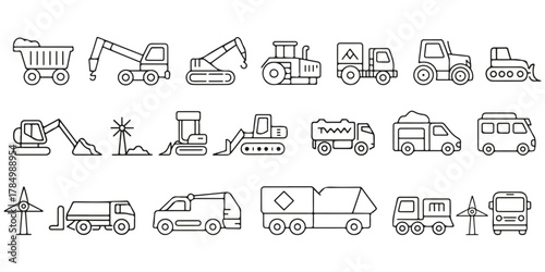 Collection of construction vehicle and equipment icons isolated on transparent background