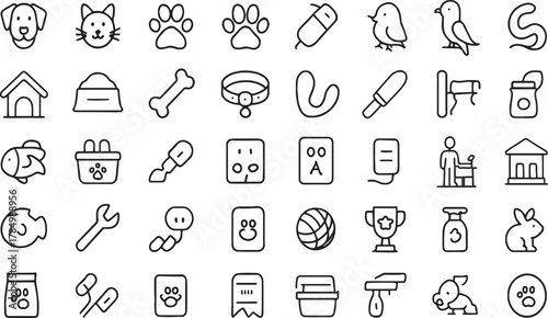 Various line icons for pet care, veterinary, animals, and related Vector