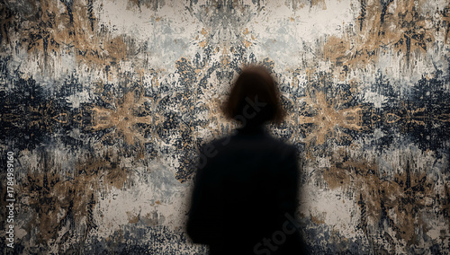 Abstract artwork with a person in silhouette, creating a sense of mystery