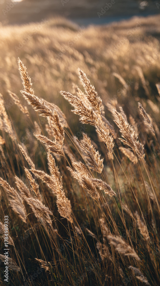 Obraz premium Golden light from beautiful sunset illuminates peaceful field of grass. calm scene of plant in nature creates serene background with soft warm tones