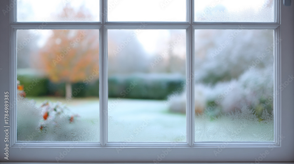 Fototapeta premium Peaceful, blurry view looking out window on cold, frosty morning. nature scene of garden outside creates calm, soft, and serene background for quiet day