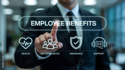 Employee benefits programs selection concept presenting health insurance group support and resources
