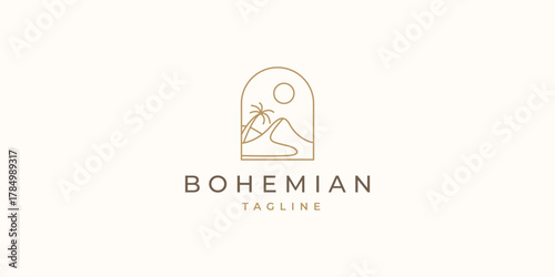 Desert boho logo with golden line icon of sun and palm tree, abstract design element in modern boho style design. for wall decoration illustration