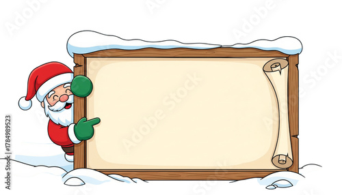 Cheerful santa claus peeking behind a wooden sign isolated on transparent background