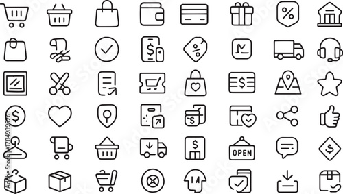 E-commerce and shopping line icons for online retail business. Vector