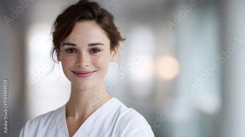 young nurse smiling confidently in hospital corridor, caring and trustful feeling, professional uniform