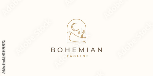 Desert boho logo with golden line icons of sun and palm trees, cactus abstract design elements in modern boho style design