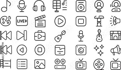 Digital media, music and entertainment vector line art icon set Vector