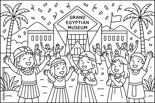 hand drawn vector illustration of Grand Egyptian Museum coloring page for kids