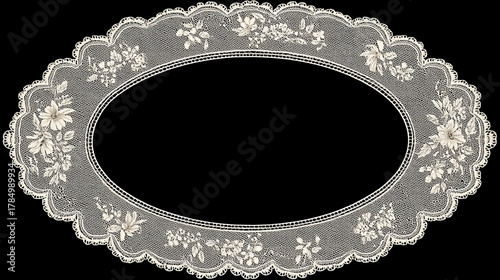 Oval lace frame with floral design on a black background intricate and delicate