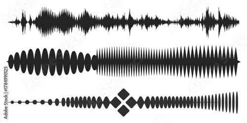 sound wave silhouettes. Minimalist audio waveform set ideal for music festival artwork, podcast branding, sound editor interfaces, dynamic graphics, and digital audio visualizations